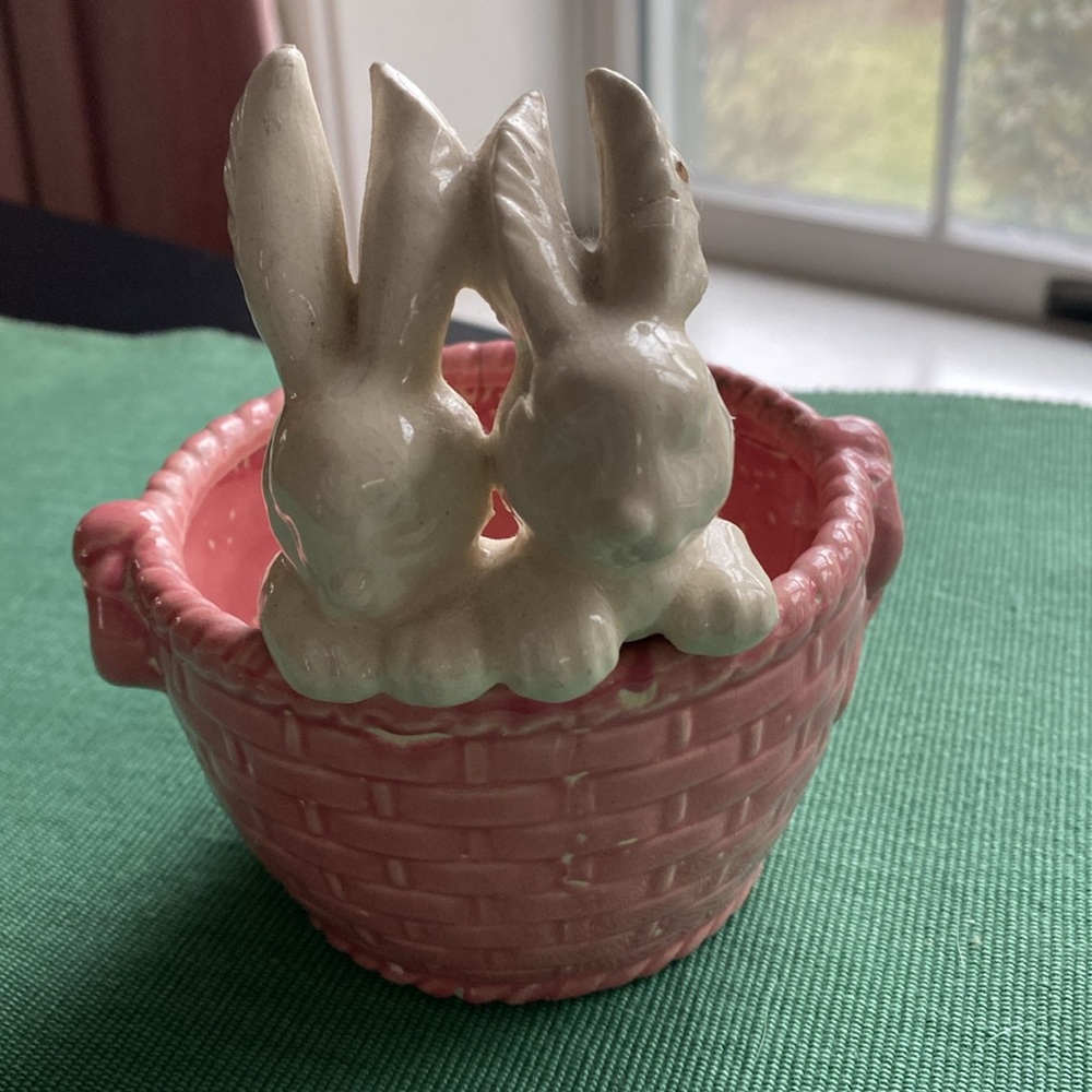 Vintage Pink Ceramic Pot with White Bunnies